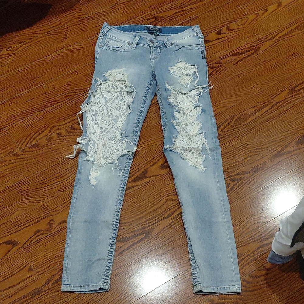 Silver Jeans Light Blue Lace-Inset Skinny Jeans